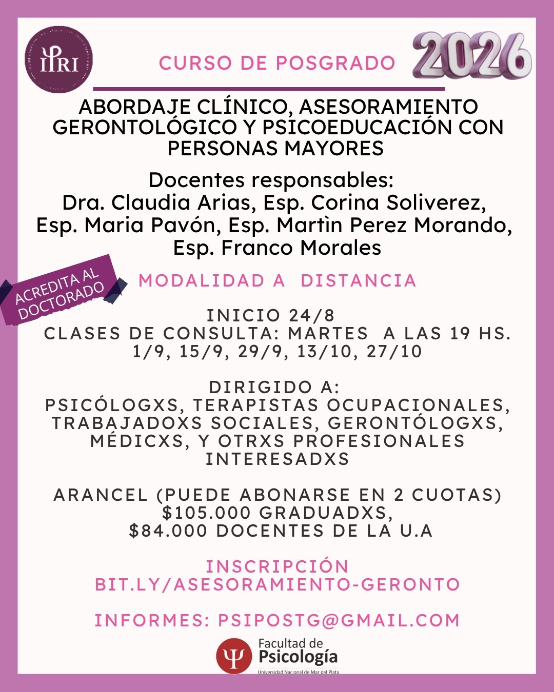 Abordaje clínico, asesoramiento gerontológico y psicoeducación con personas mayores